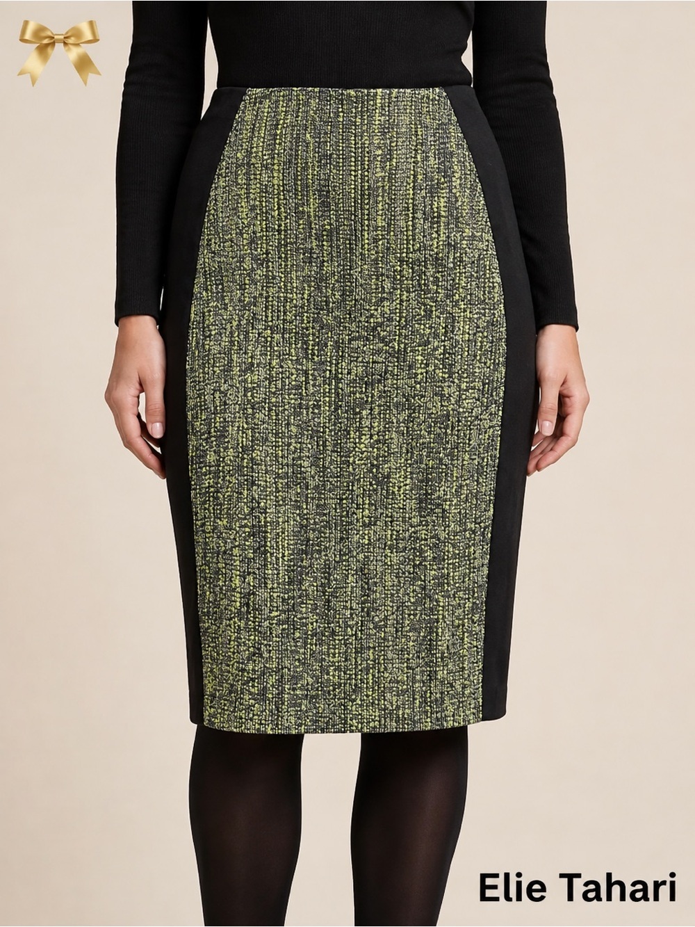Elie Tahari Bouclé 9% Wool Tweed Zip-Back Pencil Skirt, Green/Black, US 6